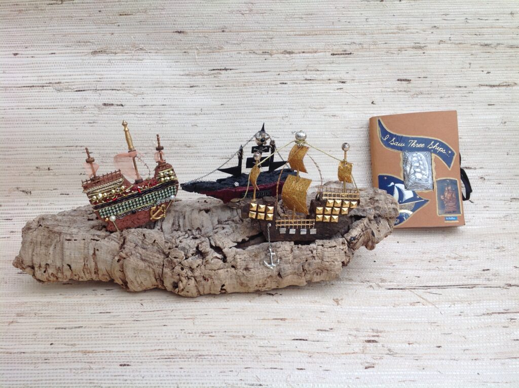 Image of Nina Roffey's sculptural assemblage "I Saw Three Ships", created using found objects 