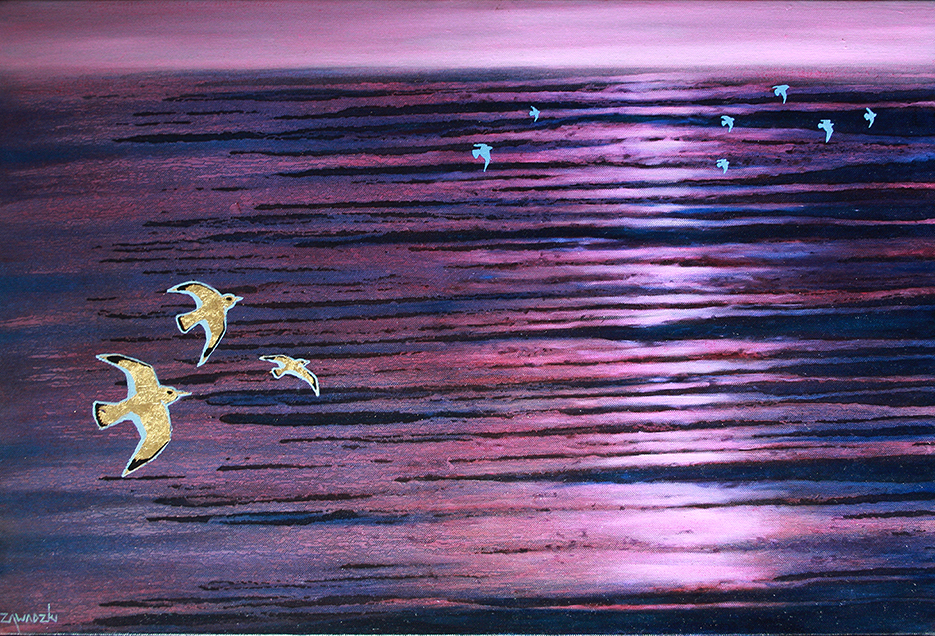Image of Paul Zawadzki's oil on canvas painting "Evening Flight", depicting three birds flying across the ocean.
