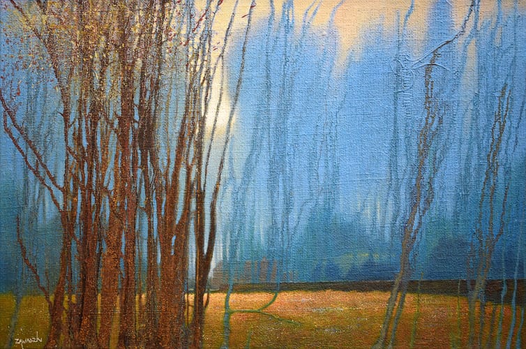 'Quiet meadow' oil painting of trees in a meadow, on hessian by Paul Zawadzki
