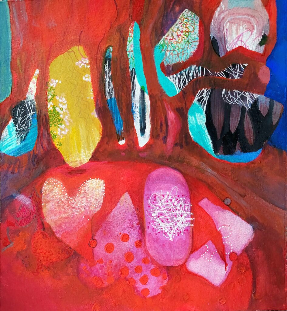 Rebecca Bergese's highly colourful abstract piece "The Hand of Fate": mixed media on paper.