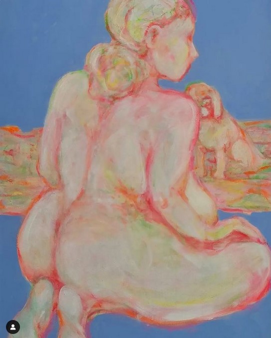Figurative painting by Hilary Barry of a colourful female figure crouching down, against a bule background.  
