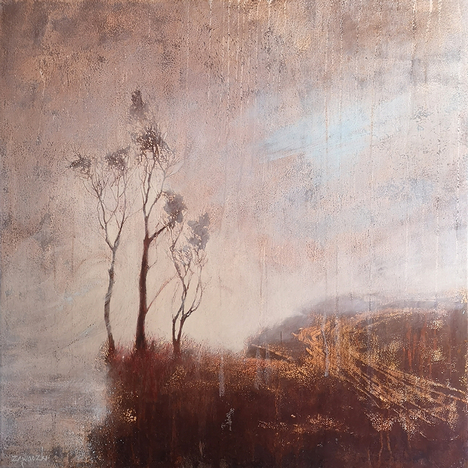 Chasing the Void (94 x 94 cm, oil on rusted steel). New contemporary landscape painting by Paul Zawadzki.