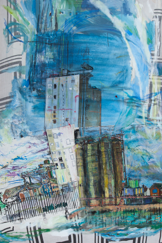 Grain Silo (70 x 105 cm, pencil and acrylic on cloth). Contemporary drawing and painting.