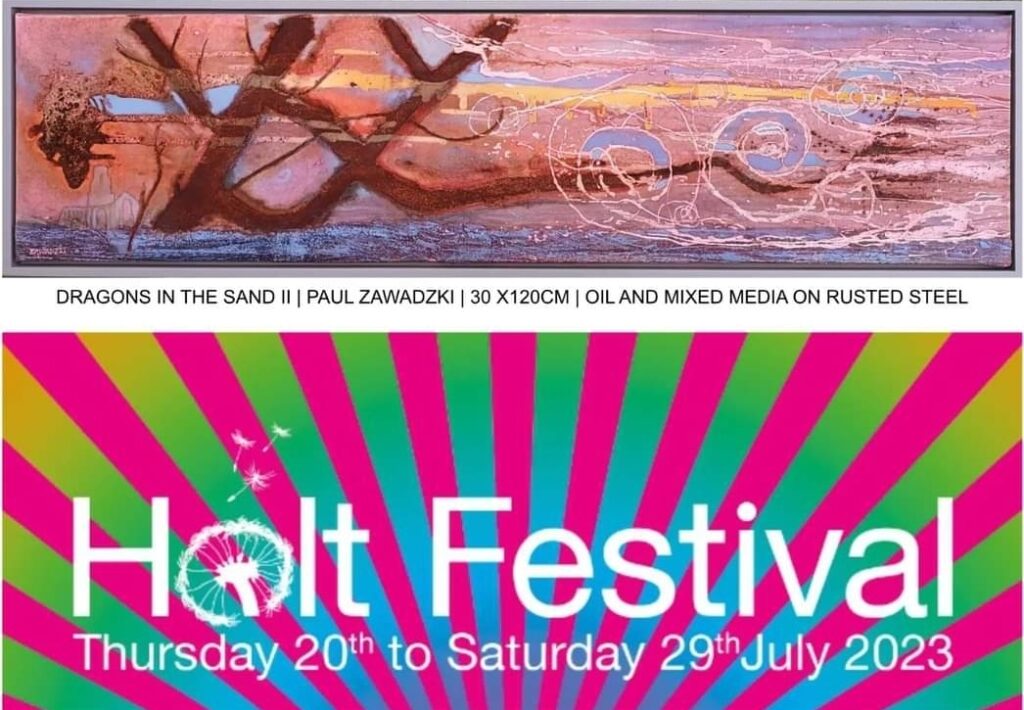 An image of Paul Zawadzki's painting Dragons in the Sand II alongside the Holt Festival image, which is brightly coloured sunrays of pink, green, blue and yellow