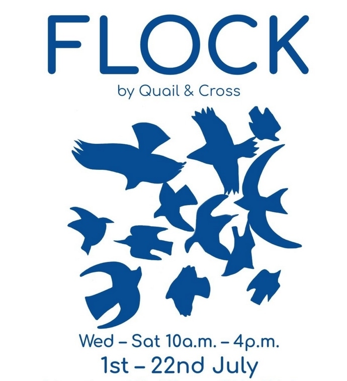 A poster for Flock featuring Blue Birds of different sizes on a white background