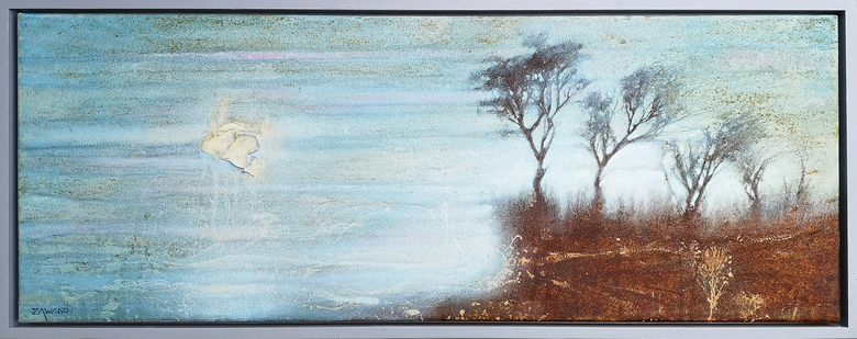 On the Edge (30 x 80 cm, oil and rusted steel dust on canvas). New contemporary landscape painting by Paul Zawadzki.