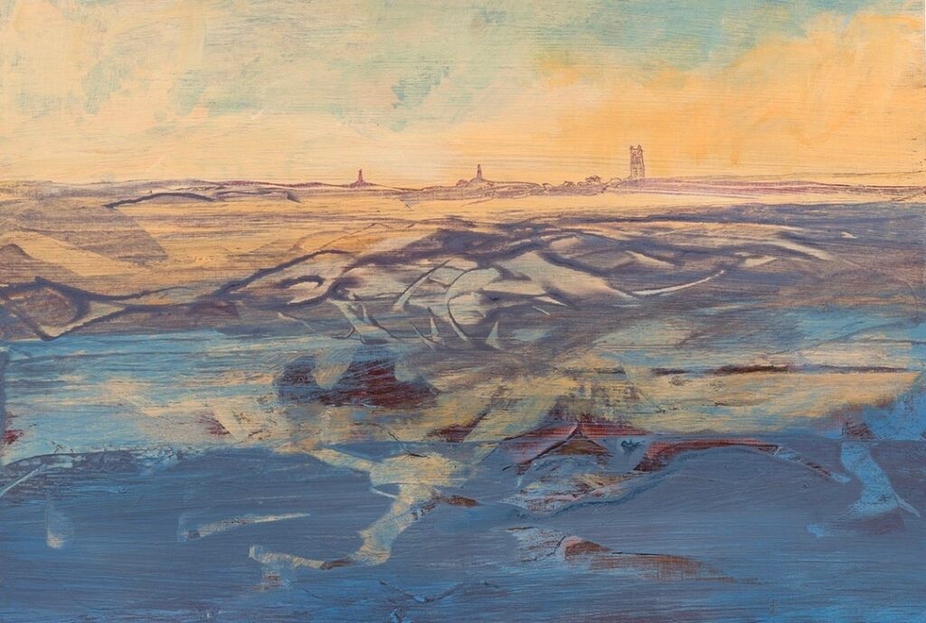 An original acyrlic painting by Simon Wilde of a landscape in shades of blue and sandy yellow.