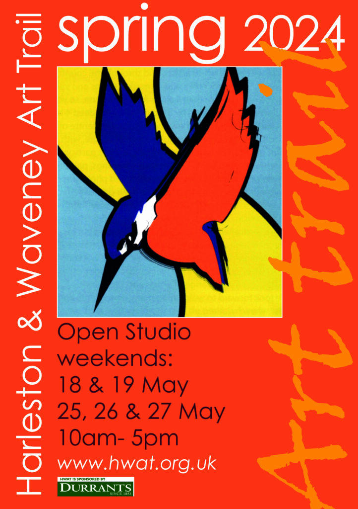 HWAT24 art poster featuring a brightly coloured orange, yellow and navy blue bird in flight on a blue background with a wide orange border.