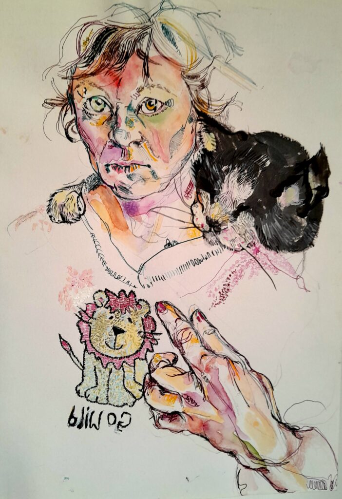 An original ink drawing by Claire Mynott of a person with a black and white cat.