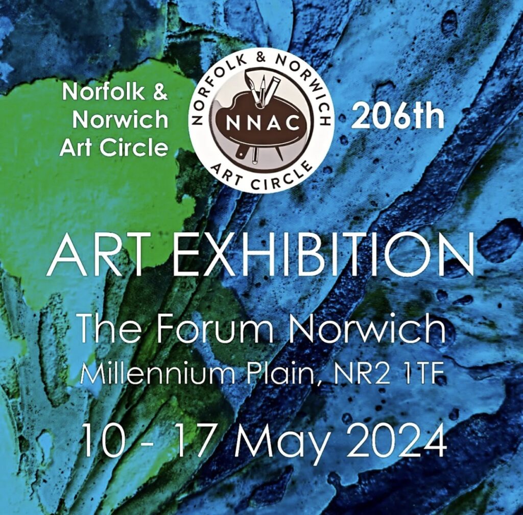 NNAC Exhibition Poster on a blue and green abstract background with white text. Exhibition dates are 10th to 17th May 2024.