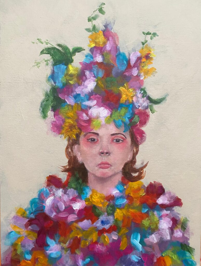A painting of a young woman with shoulder length red hair, with an array of brightly coloured flowers covering her head as well as her body, contrasting with the sad expression on her face.