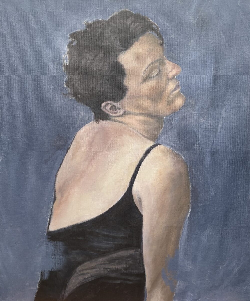 A painting of a person with short dark hair, wearing a black vest top. They are facing with their back to the viewer, while their head is turned to the side and their eyes closed.