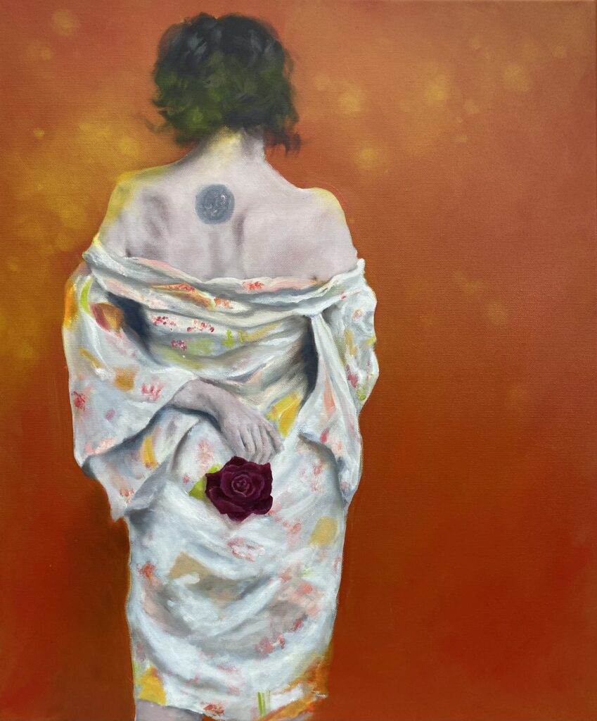 Original oil painting by Nickie Holford of a woman wearing a robe with her back to the viewer.  The robe is white with delicately coloured pattern, and the background is orange with soft yellow areas.  She holds a burgundy rose behind her back.