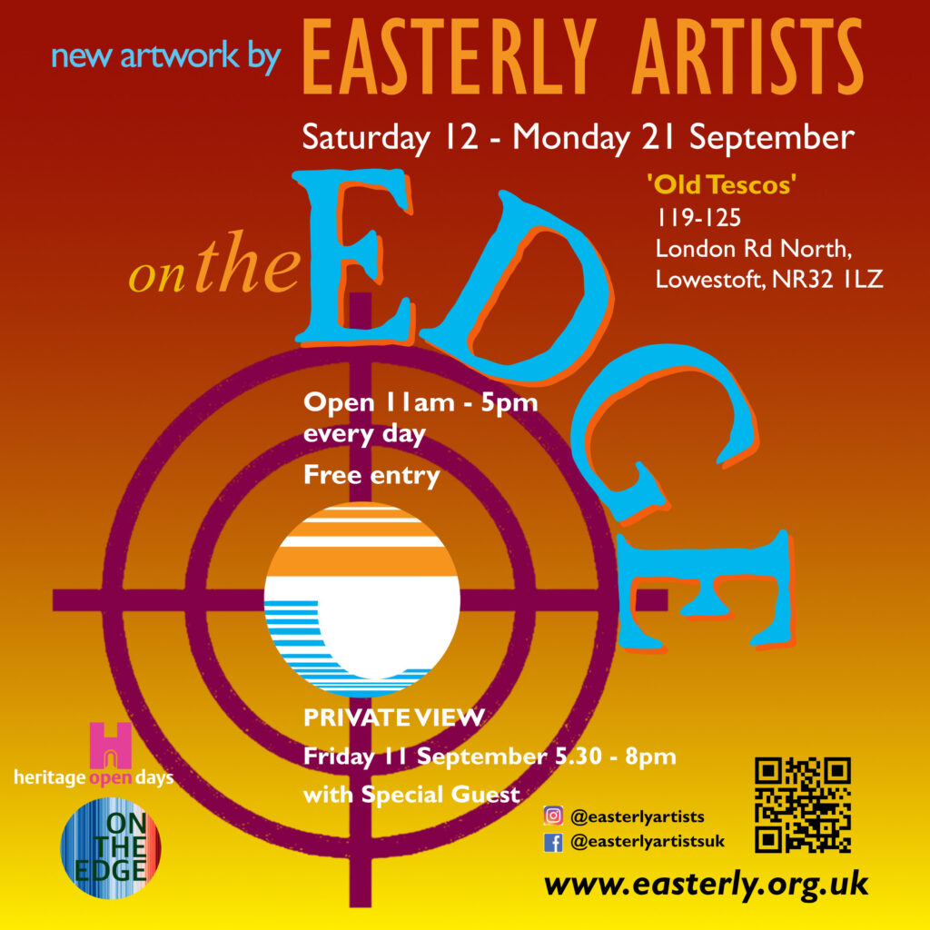 On the Edge poster - the Easterly Artists Logo is sited within a target and the poster is burnt orange fading to yellow